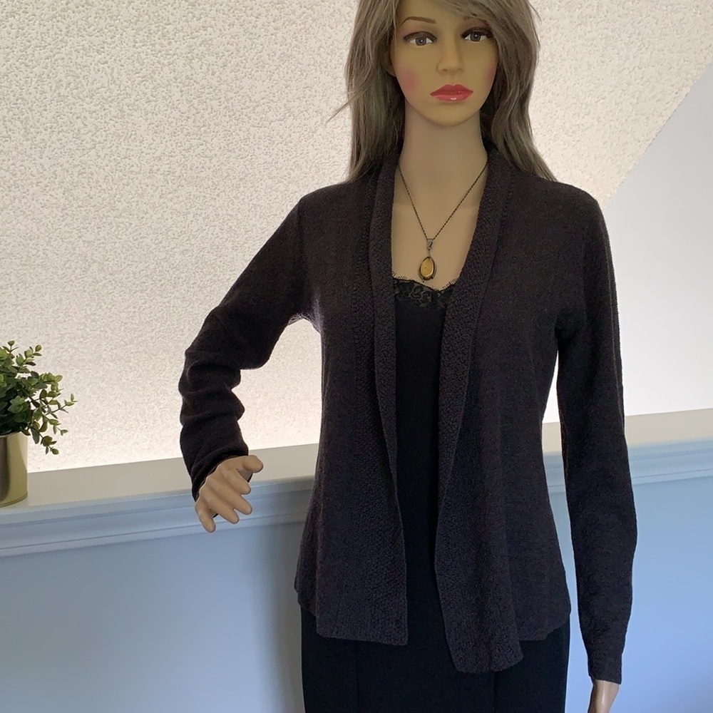 Eileen Fisher Open Cardigan. Knit crochet 100% Wool Dark Brown